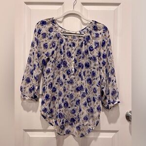 LC Lauren Conrad Sheer Floral 3/4 Peasant Sleeve 1/2 Button Blouse White Blue XS